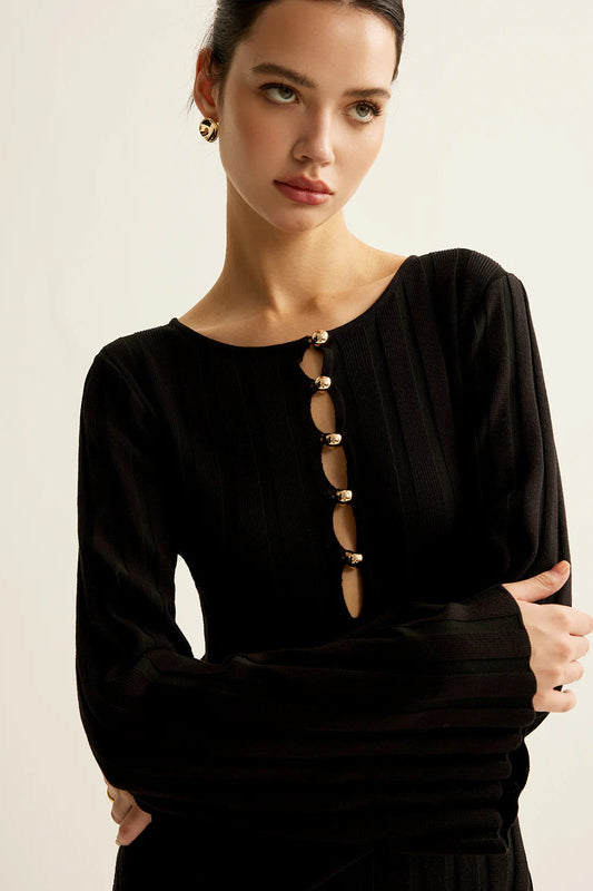 V Neck Button Front Sweater Dress