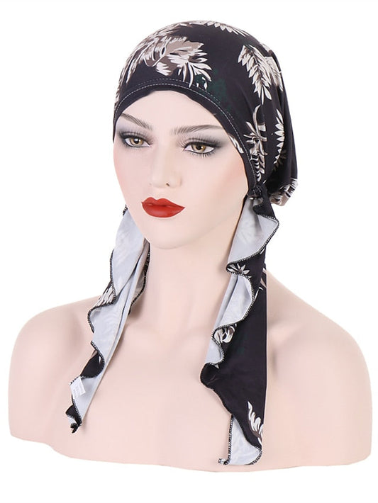 Women Printed Pre-tie Headscarf Elastic Muslim Female Turban Soft Hat Hair Loss Cover Head Wrap Headwear Stretch Bandana for Women
