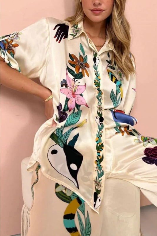 Conjunto de camisa y pantalón de satén con estampado Boho Natureza