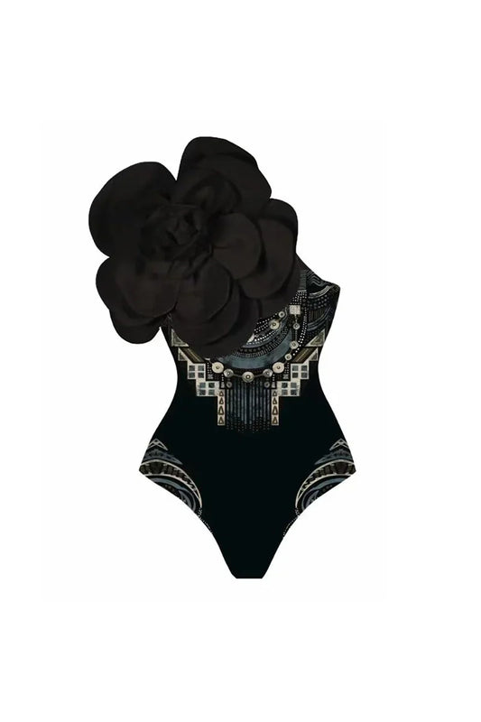 Floral Print One-Piece with 3D Black Flower