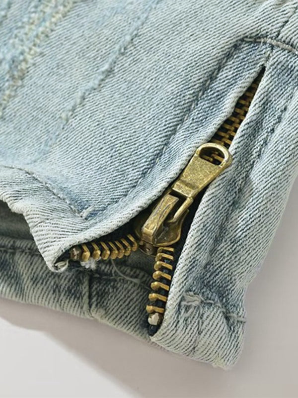 Low Waist Zipper Slit Denim Shorts