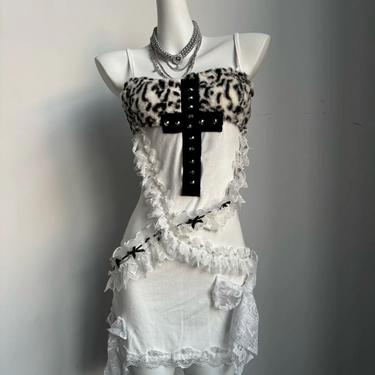 Leopard print cross pattern ruffle cami mini dress | Festival Outfits Women | Leopard Print Mini Dress