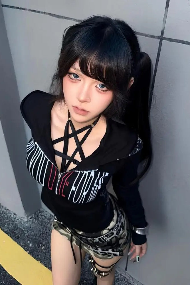 Gothic Graphic Hooded Long Sleeve Crop Top
