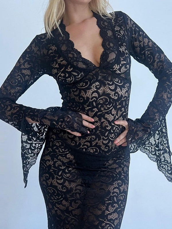 Deep V Lace Pattern See-Through Slim Fit Maxi Dress
