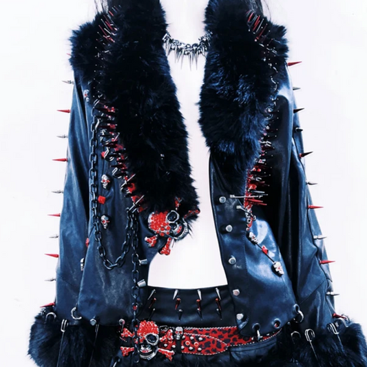Fluffy long sleeve PU leather metal chain rivet applique top | Festival Outfits Women