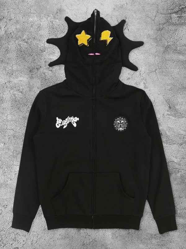 Skull Print Zip-up Long Sleeve Hoodie