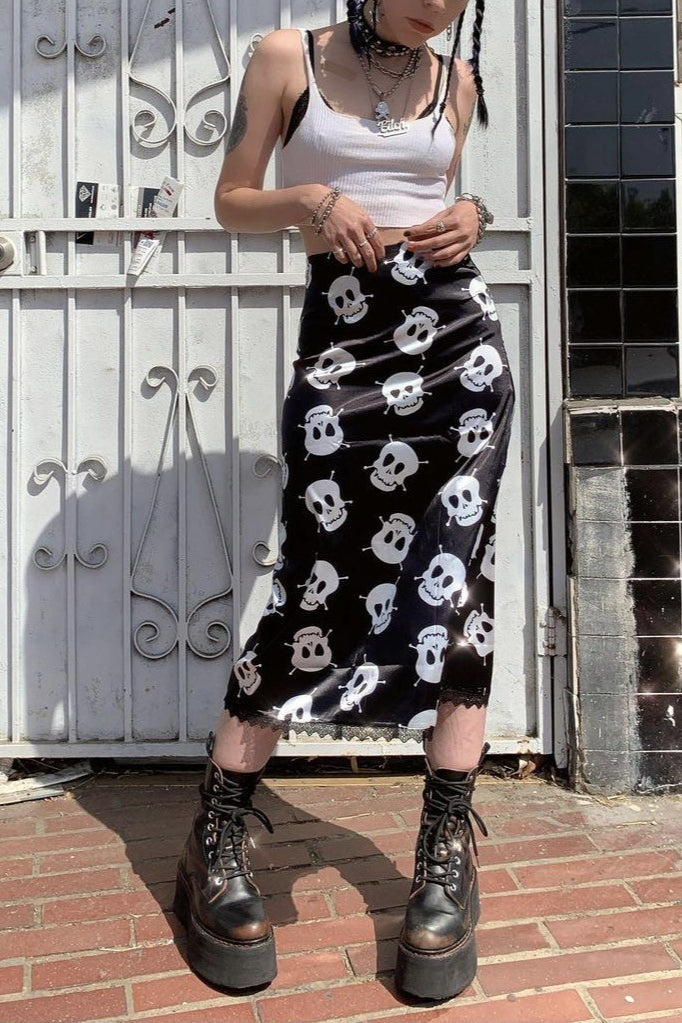 Skull Print Punk Slim Maxi Skirt
