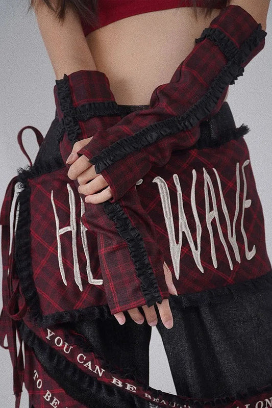 Red Plaid Patchwork Arm Warmer Gloves