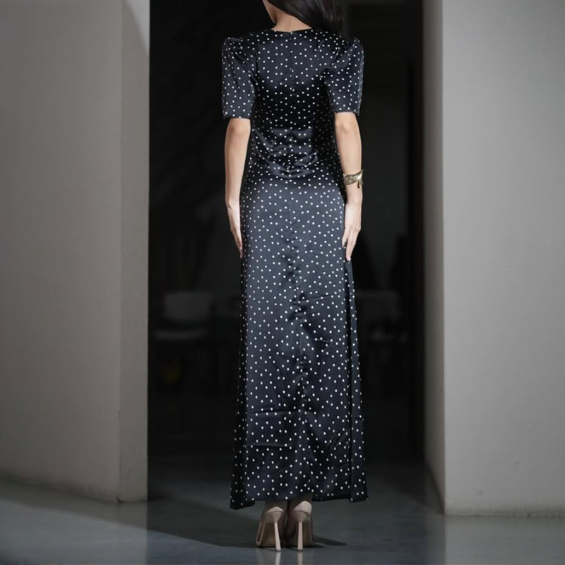 Polka dot short sleeve v neck lace hem maxi dress | Festival Outfits Women
