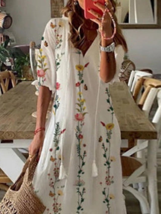 A Line Dress Maxi long Dress White Half Sleeve Floral Print Spring Summer V Neck Fashion Modern 3XL for Women