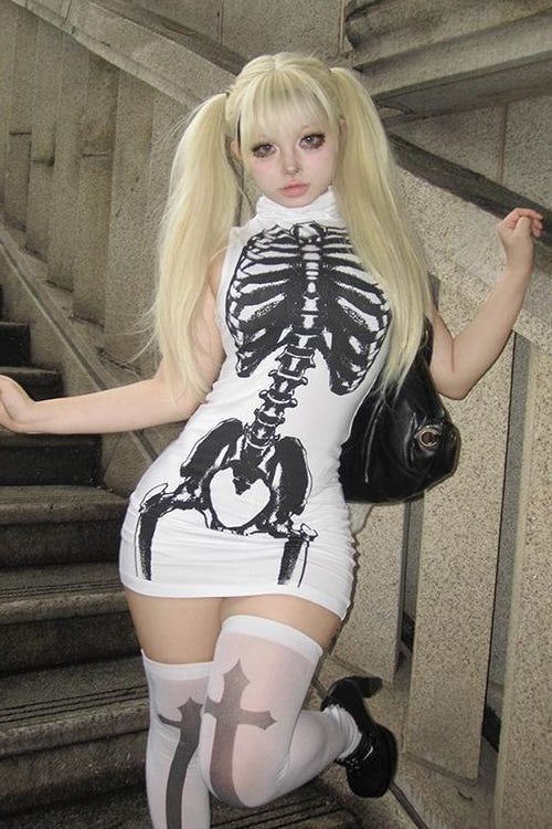 Y2K Skull Print Goth Bodycon Mini Dress