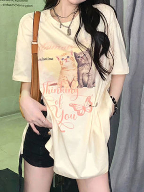 Cat Print Drawstring Oversized Short Sleeve Tee