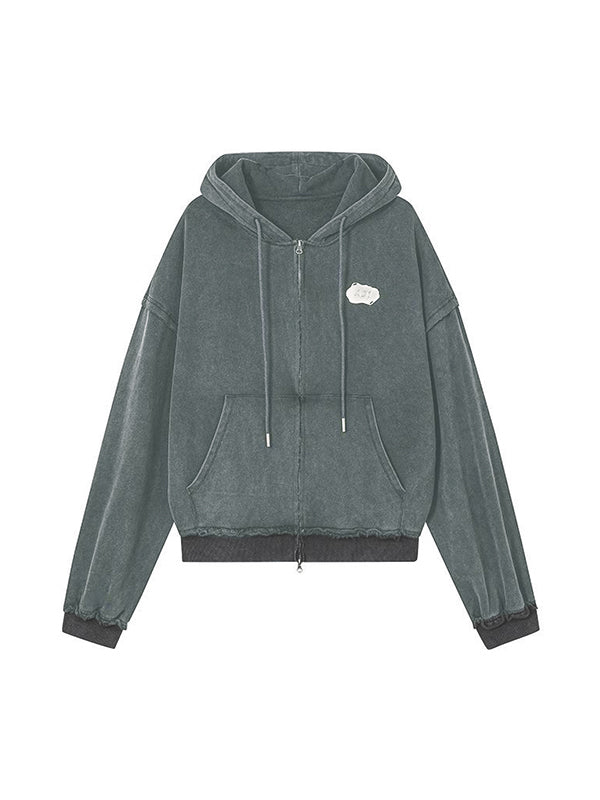 Distressed Washed Double Zip Hoodie & Frayed Hem Skirt Set