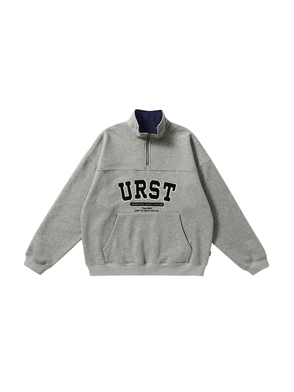 Letter Embroidery Lapel Neck Half Zipper Sweatshirt