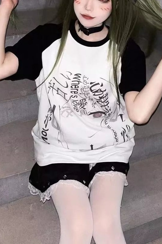 Kawaii Cool Anime Patchwork Oversized T-Shirt