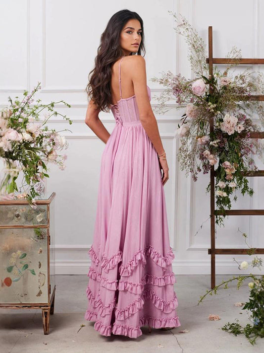 Pink Layered Ruffles Maxi Party Dress High Slit Strap Dress 2026