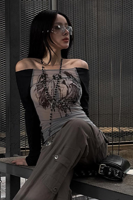 Mesh Knit Patchwork Off Shoulder Printed Mesh Top