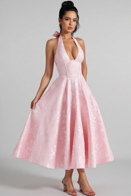 Kivrin Pink Tie Neck Midi Dress