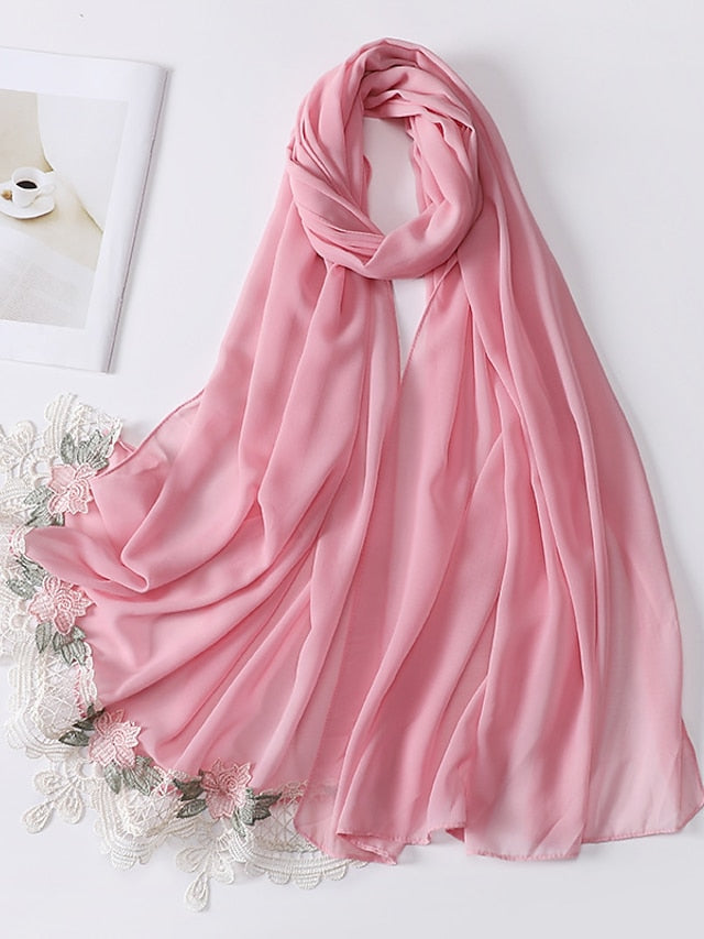 Sweet Style Muslim Lace Hijab Good Stitching Plain Scarf Premium Chiffon Scarf Shawl Islamic Soft Turban Head Wraps Headband for Women