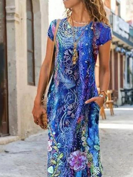 A Line Dress Maxi long Dress Blue Short Sleeve Floral Pocket Print Summer Round Neck Casual S M L XL XXL 3XL for Women