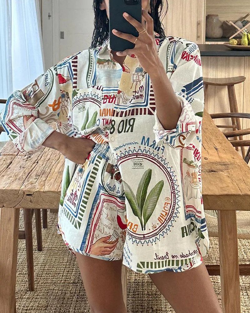 Conjunto de dos piezas de blusa y pantalón corto bohemio de manga larga para mujer | Ideal para días informales