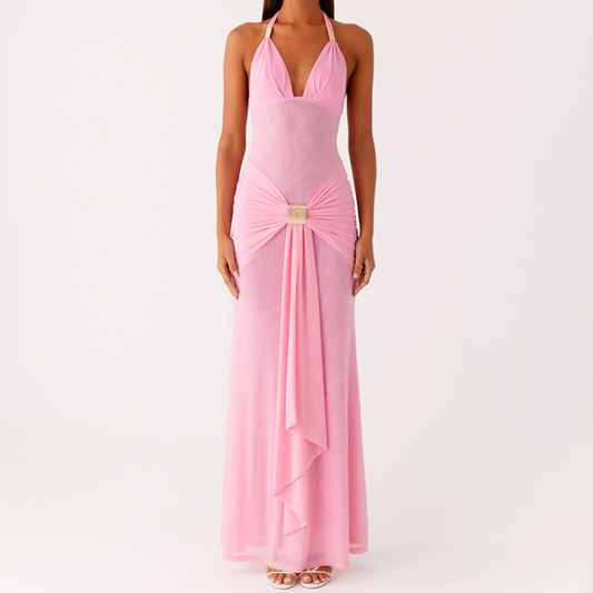 Halter self tie mesh ruched v neck maxi dress | Festival Outfits Women
