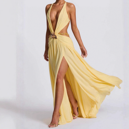 Beaded deep v neck slit cross back self tie maxi dress | Festival Outfits Women
