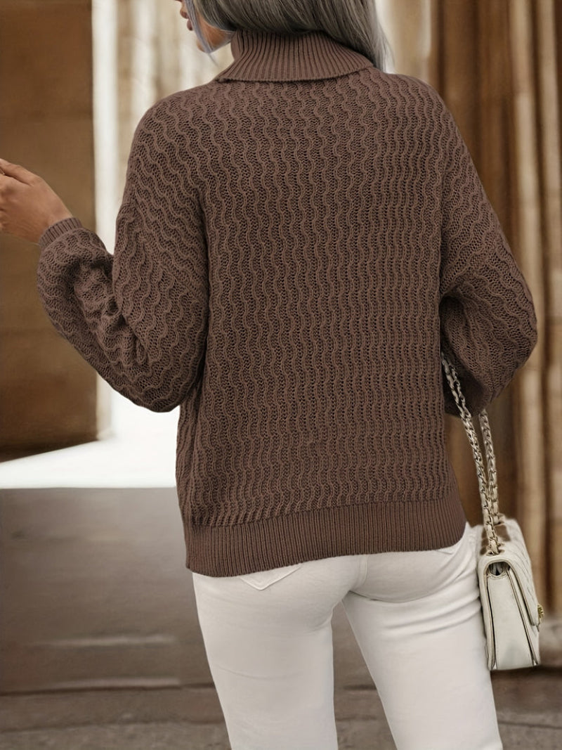 Elegante jersey de cuello alto de punto trenzado marrón para mujer | Ideal para otoño/invierno