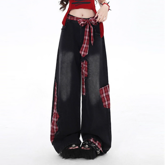 Plaid patchwork raw hem low rise straight leg | Baggy Low Rise Jeans | Festival Outfits Women