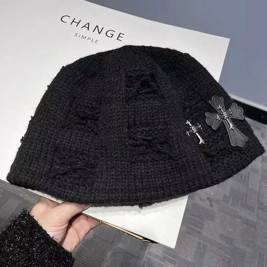 Retro Post Apocalyptic Leather Tag Knitted Hat