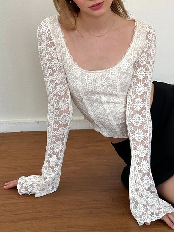 Solid Color Lace Long Sleeve Tee