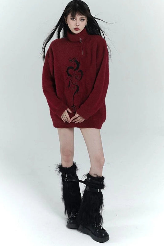 Y2K Grunge Red Zipper Print Oversized Streetwear Sweater