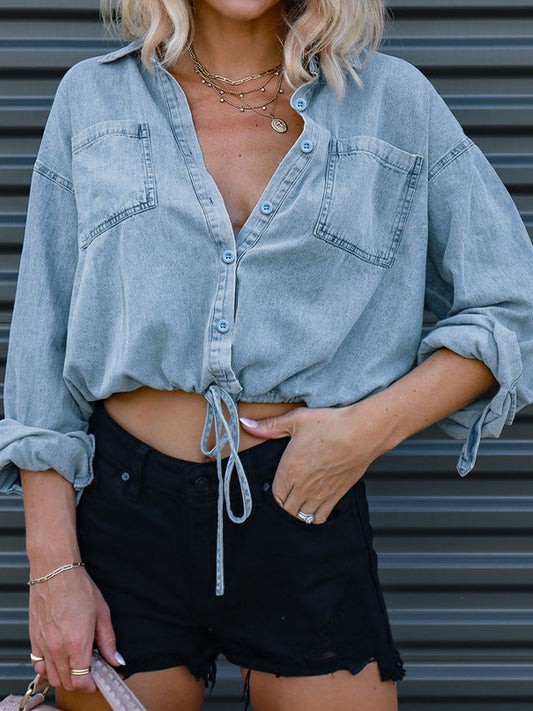 Vintage Dual Pocket Drawstring Denim Blouses&Shirts