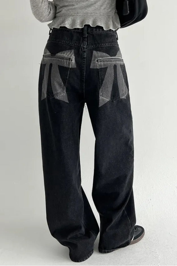 Washed Bow Print Pocket Wide Leg Jeans