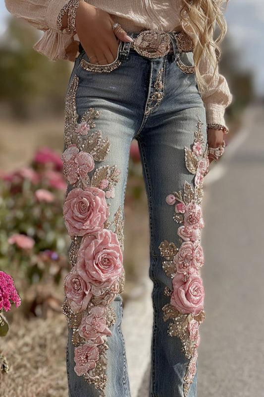 3D Floral Print Pocket Casual Jeans