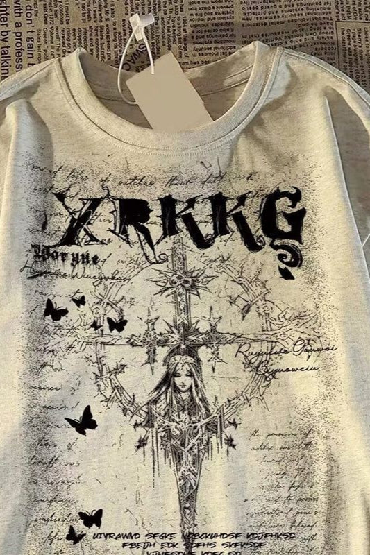 Retro Streetwear Cross Print Cotton Loose T-shirt
