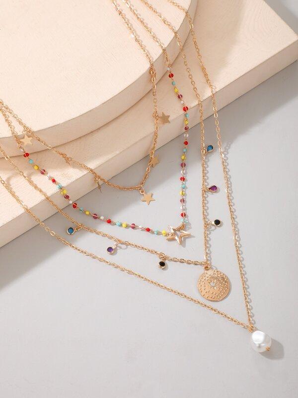 Faux Pearl Charm Chain Layered Necklace for Women