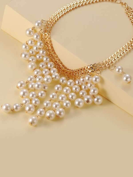 Faux Pearl Tassel Charm Necklace for Women