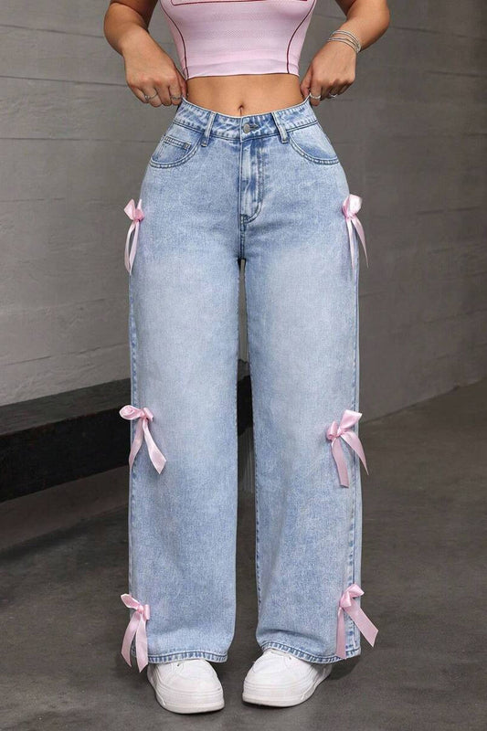 Y2K Bow Applique Washed Relaxed Jeans