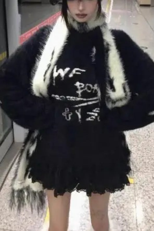 Y2K Black White Japanese Cute Cartoon Long Luxury Warm Autumn Winter Scarf