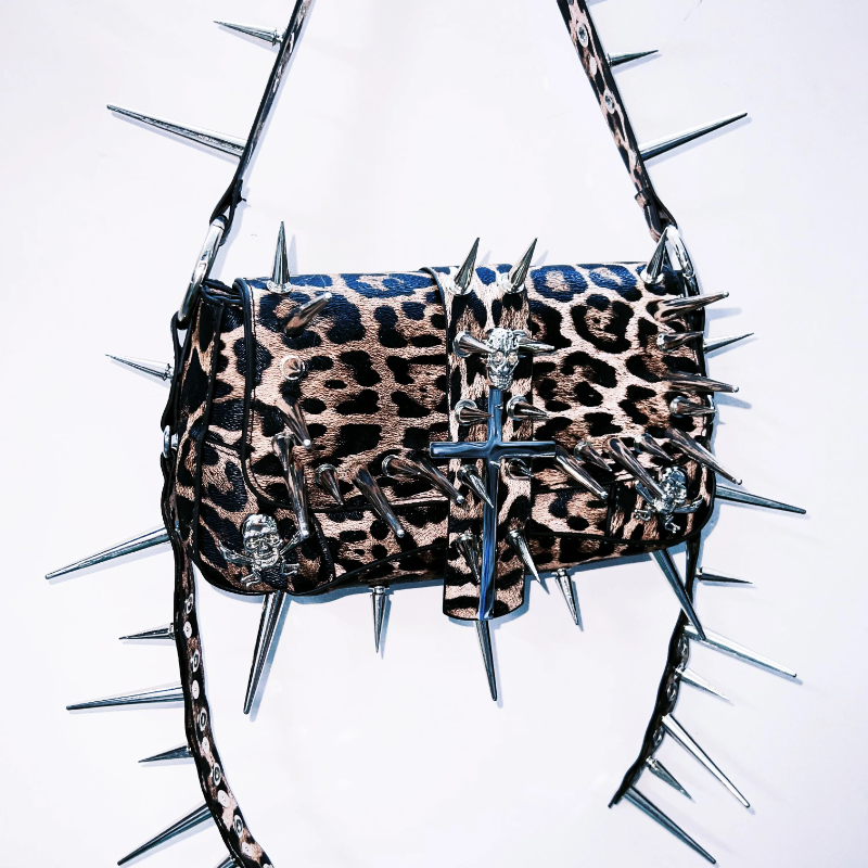 Leopard print rivet cross applique crossbody purses bag | Festival Outfits Women