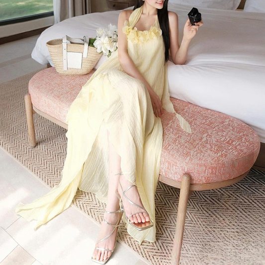 Halter flower applique textured irregular maxi dress | Festival Outfits Women