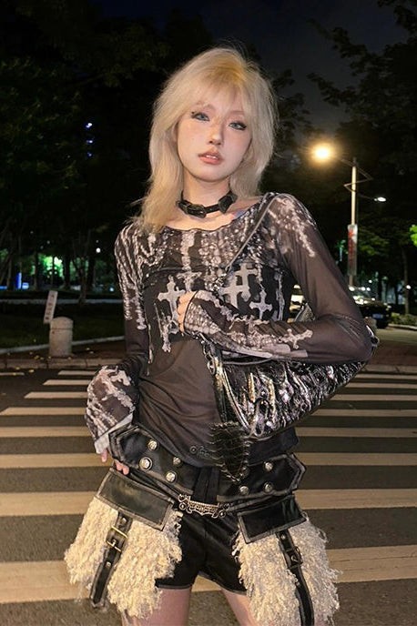 Grunge Streetwear Graphic Mesh Long Sleeve Mesh Top