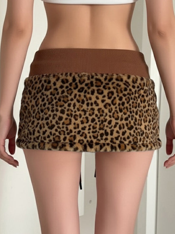 Leopard-Print Fur Patchwork Mini Skirt