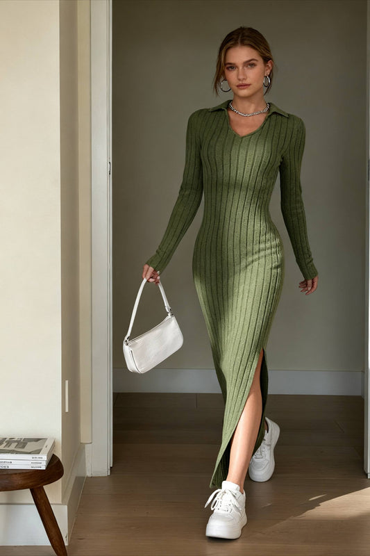 Solid Ribbed Knit Split Thigh Dress