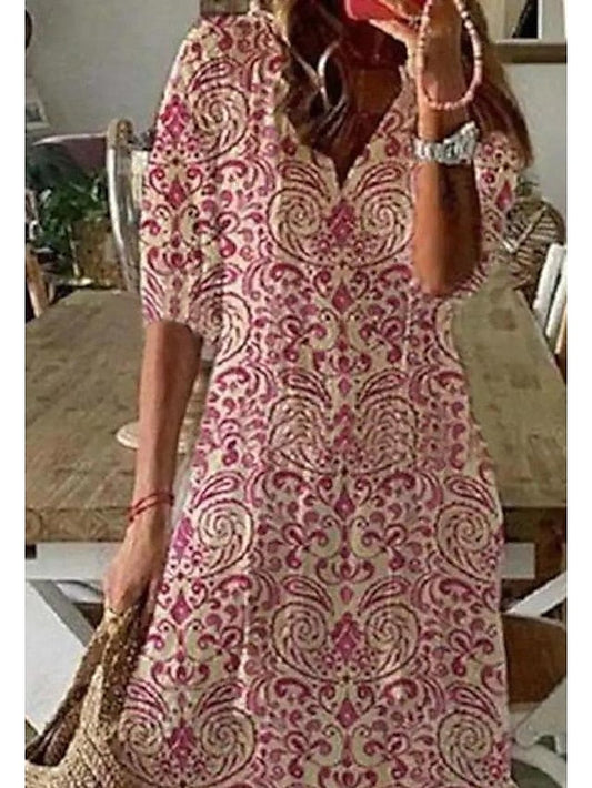A Line Dress Maxi long Dress Pink Half Sleeve Floral Ethnic Tribe Print Ruched Summer Spring Dress V Neck Stylish Casual Dress S M L XL XXL 3XL for Women