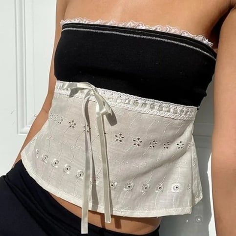 Off Shoulder Lace Trim Patchwork Top