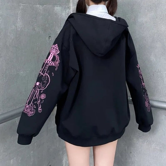 Black Skull Sword Print Zip Up Hoodie