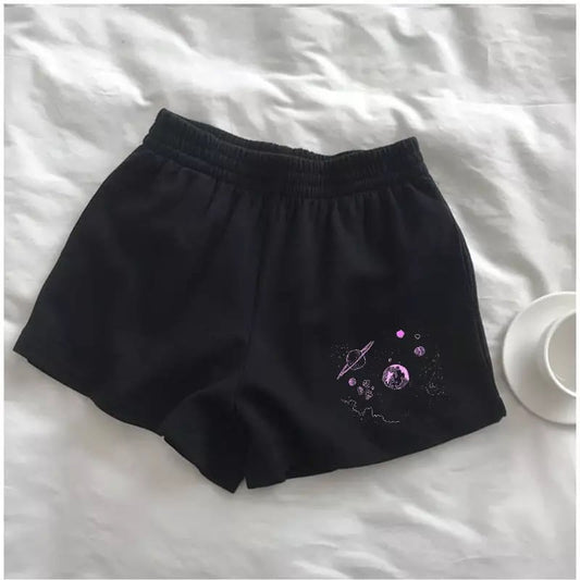 Cute Black White Sky Star Moon Planet Embroidery Casual Sport Shorts Cycling Running Gym High Waist E-Girl Kawaii Korean Japanese Harajuku Streetwear