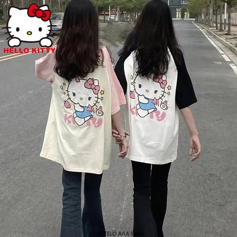 Japanese Cat Print Patchwork Short Sleeve T-shirt